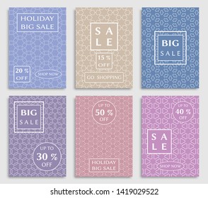 Sale banners, flyers with abstract geometric texture. Modern and vintage social media placard set for mobile website, posters, email and newsletter designs, ads, online shopping, promotional material