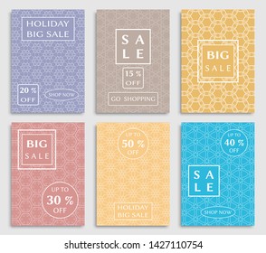 Sale banners, flyers with abstract geometric texture. Modern and vintage social media placard set for mobile website, posters, email and newsletter designs, ads, online shopping, promotional material