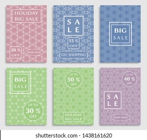 Sale banners, flyers with abstract geometric texture. Modern and vintage social media placard set for mobile website, posters, email and newsletter designs, ads, online shopping, promotional material