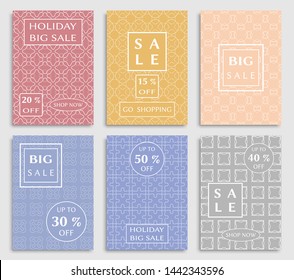 Sale banners, flyers with abstract geometric texture. Modern and vintage social media placard set for mobile website, posters, email and newsletter designs, ads, online shopping, promotional material