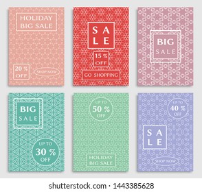 Sale banners, flyers with abstract geometric texture. Modern and vintage social media placard set for mobile website, posters, email and newsletter designs, ads, online shopping, promotional material