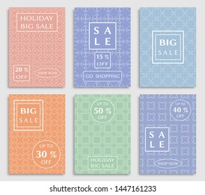 Sale banners, flyers with abstract geometric texture. Modern and vintage social media placard set for mobile website, posters, email and newsletter designs, ads, online shopping, promotional material