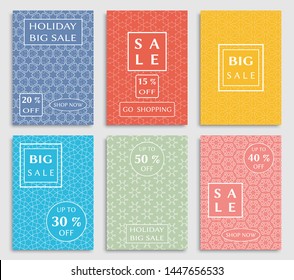 Sale banners, flyers with abstract geometric texture. Modern and vintage social media placard set for mobile website, posters, email and newsletter designs, ads, online shopping, promotional material