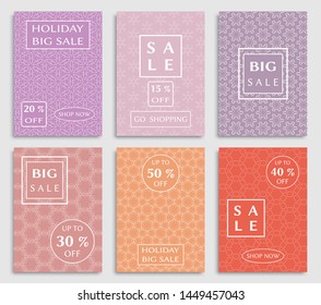 Sale banners, flyers with abstract geometric texture. Modern and vintage social media placard set for mobile website, posters, email and newsletter designs, ads, online shopping, promotional material