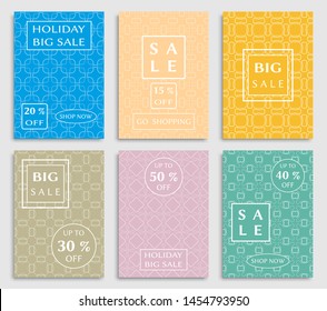 Sale banners, flyers with abstract geometric texture. Modern and vintage social media placard set for mobile website, posters, email and newsletter designs, ads, online shopping, promotional material