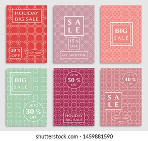 Sale banners, flyers with abstract geometric texture. Modern and vintage social media placard set for mobile website, posters, email and newsletter designs, ads, online shopping, promotional material