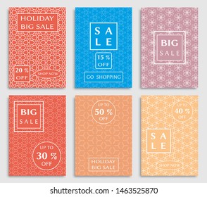 Sale banners, flyers with abstract geometric texture. Modern and vintage social media placard set for mobile website, posters, email and newsletter designs, ads, online shopping, promotional material