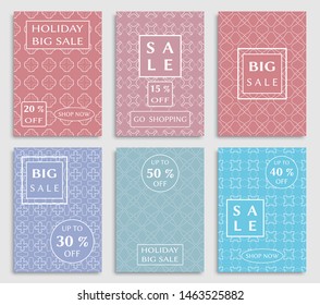 Sale banners, flyers with abstract geometric texture. Modern and vintage social media placard set for mobile website, posters, email and newsletter designs, ads, online shopping, promotional material
