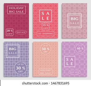 Sale banners, flyers with abstract geometric texture. Modern and vintage social media placard set for mobile website, posters, email and newsletter designs, ads, online shopping, promotional material