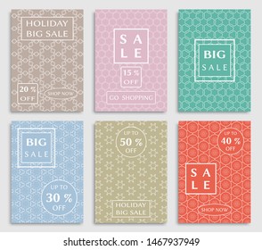 Sale banners, flyers with abstract geometric texture. Modern and vintage social media placard set for mobile website, posters, email and newsletter designs, ads, online shopping, promotional material