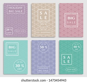 Sale banners, flyers with abstract geometric texture. Modern and vintage social media placard set for mobile website, posters, email and newsletter designs, ads, online shopping, promotional material