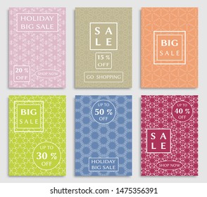 Sale banners, flyers with abstract geometric texture. Modern and vintage social media placard set for mobile website, posters, email and newsletter designs, ads, online shopping, promotional material