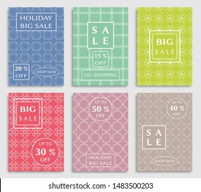 Sale banners, flyers with abstract geometric texture. Modern and vintage social media placard set for mobile website, posters, email and newsletter designs, ads, online shopping, promotional material