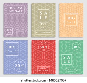 Sale banners, flyers with abstract geometric texture. Modern and vintage social media placard set for mobile website, posters, email and newsletter designs, ads, online shopping, promotional material