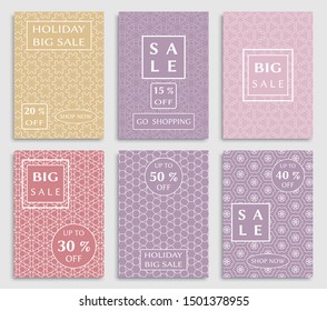 Sale banners, flyers with abstract geometric texture. Modern and vintage social media placard set for mobile website, posters, email and newsletter designs, ads, online shopping, promotional material