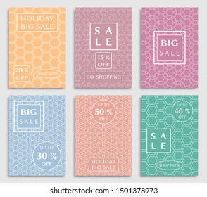 Sale banners, flyers with abstract geometric texture. Modern and vintage social media placard set for mobile website, posters, email and newsletter designs, ads, online shopping, promotional material