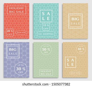 Sale banners, flyers with abstract geometric texture. Modern and vintage social media placard set for mobile website, posters, email and newsletter designs, ads, online shopping, promotional material