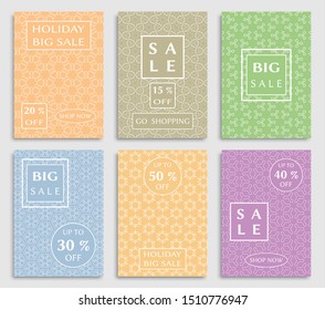 Sale banners, flyers with abstract geometric texture. Modern and vintage social media placard set for mobile website, posters, email and newsletter designs, ads, online shopping, promotional material