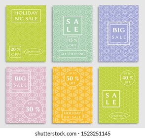 Sale banners, flyers with abstract geometric texture. Modern and vintage social media placard set for mobile website, posters, email and newsletter designs, ads, online shopping, promotional material
