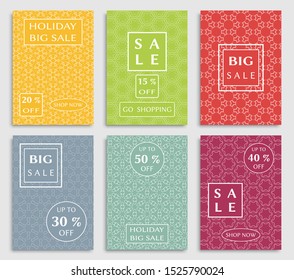 Sale banners, flyers with abstract geometric texture. Modern and vintage social media placard set for mobile website, posters, email and newsletter designs, ads, online shopping, promotional material