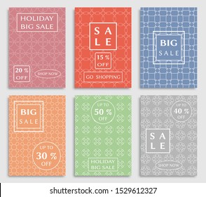 Sale banners, flyers with abstract geometric texture. Modern and vintage social media placard set for mobile website, posters, email and newsletter designs, ads, online shopping, promotional material