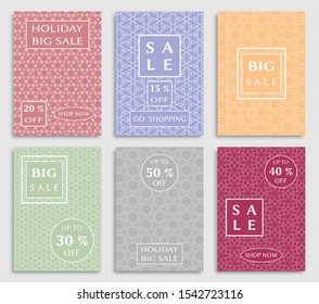 Sale banners, flyers with abstract geometric texture. Modern and vintage social media placard set for mobile website, posters, email and newsletter designs, ads, online shopping, promotional material