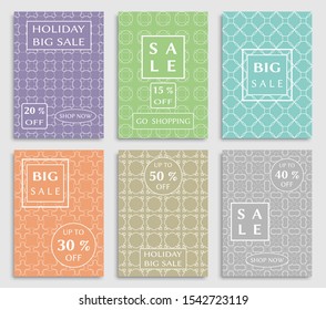 Sale banners, flyers with abstract geometric texture. Modern and vintage social media placard set for mobile website, posters, email and newsletter designs, ads, online shopping, promotional material