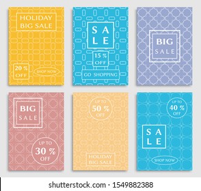 Sale banners, flyers with abstract geometric texture. Modern and vintage social media placard set for mobile website, posters, email and newsletter designs, ads, online shopping, promotional material