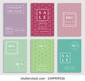 Sale banners, flyers with abstract geometric texture. Modern and vintage social media placard set for mobile website, posters, email and newsletter designs, ads, online shopping, promotional material