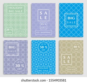 Sale banners, flyers with abstract geometric texture. Modern and vintage social media placard set for mobile website, posters, email and newsletter designs, ads, online shopping, promotional material