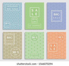 Sale banners, flyers with abstract geometric texture. Modern and vintage social media placard set for mobile website, posters, email and newsletter designs, ads, online shopping, promotional material