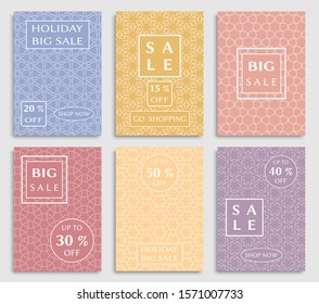 Sale banners, flyers with abstract geometric texture. Modern and vintage social media placard set for mobile website, posters, email and newsletter designs, ads, online shopping, promotional material