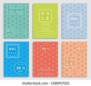 Sale banners, flyers with abstract geometric texture. Modern and vintage social media placard set for mobile website, posters, email and newsletter designs, ads, online shopping, promotional material