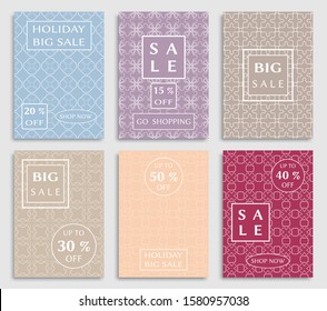 Sale banners, flyers with abstract geometric texture. Modern and vintage social media placard set for mobile website, posters, email and newsletter designs, ads, online shopping, promotional material
