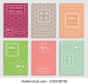 Sale banners, flyers with abstract geometric texture. Modern and vintage social media placard set for mobile website, posters, email and newsletter designs, ads, online shopping, promotional material