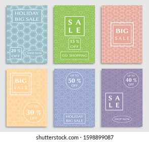 Sale banners, flyers with abstract geometric texture. Modern and vintage social media placard set for mobile website, posters, email and newsletter designs, ads, online shopping, promotional material