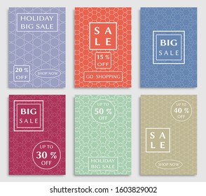 Sale banners, flyers with abstract geometric texture. Modern and vintage social media placard set for mobile website, posters, email and newsletter designs, ads, online shopping, promotional material