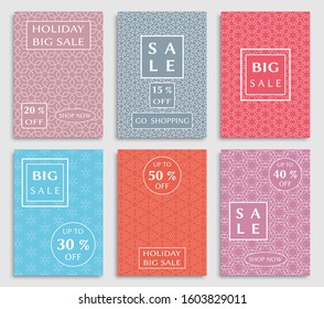 Sale banners, flyers with abstract geometric texture. Modern and vintage social media placard set for mobile website, posters, email and newsletter designs, ads, online shopping, promotional material