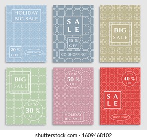 Sale banners, flyers with abstract geometric texture. Modern and vintage social media placard set for mobile website, posters, email and newsletter designs, ads, online shopping, promotional material