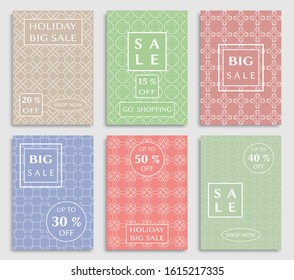 Sale banners, flyers with abstract geometric texture. Modern and vintage social media placard set for mobile website, posters, email and newsletter designs, ads, online shopping, promotional material
