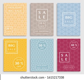 Sale banners, flyers with abstract geometric texture. Modern and vintage social media placard set for mobile website, posters, email and newsletter designs, ads, online shopping, promotional material