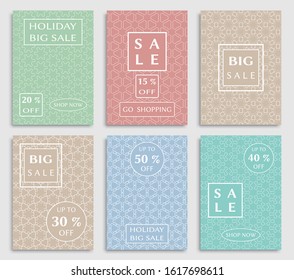 Sale banners, flyers with abstract geometric texture. Modern and vintage social media placard set for mobile website, posters, email and newsletter designs, ads, online shopping, promotional material