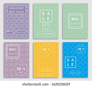 Sale banners, flyers with abstract geometric texture. Modern and vintage social media placard set for mobile website, posters, email and newsletter designs, ads, online shopping, promotional material