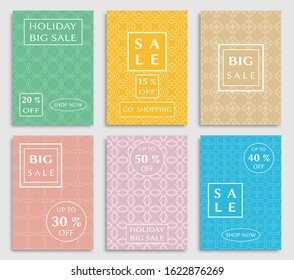 Sale banners, flyers with abstract geometric texture. Modern and vintage social media placard set for mobile website, posters, email and newsletter designs, ads, online shopping, promotional material