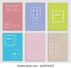 Sale banners, flyers with abstract geometric texture. Modern and vintage social media placard set for mobile website, posters, email and newsletter designs, ads, online shopping, promotional material