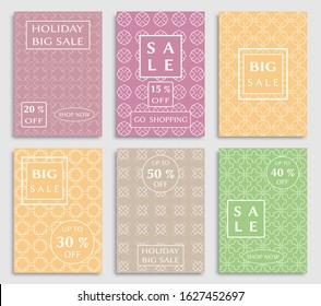 Sale banners, flyers with abstract geometric texture. Modern and vintage social media placard set for mobile website, posters, email and newsletter designs, ads, online shopping, promotional material