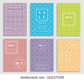 Sale banners, flyers with abstract geometric texture. Modern and vintage social media placard set for mobile website, posters, email and newsletter designs, ads, online shopping, promotional material