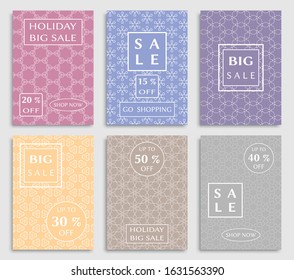 Sale banners, flyers with abstract geometric texture. Modern and vintage social media placard set for mobile website, posters, email and newsletter designs, ads, online shopping, promotional material