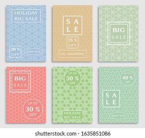 Sale banners, flyers with abstract geometric texture. Modern and vintage social media placard set for mobile website, posters, email and newsletter designs, ads, online shopping, promotional material