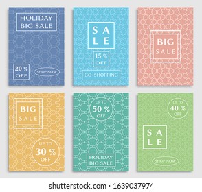 Sale banners, flyers with abstract geometric texture. Modern and vintage social media placard set for mobile website, posters, email and newsletter designs, ads, online shopping, promotional material